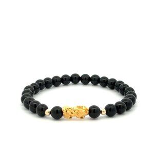 18K Gold Dragon Pixiu Piyao Lucky Charm Beads Bracelet Gemstones Obsidian 6mm